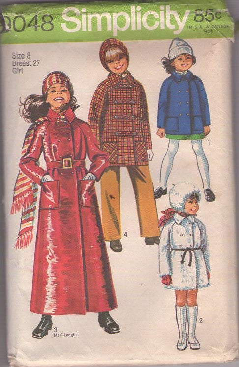Simplicity 9048 Vintage 70's Sewing Pattern Girl's Coats, Double Breasted, Mod, Raglan Sleeve Coat, Raincoat, Short, Faux Fur Jacket, Spy Girl Maxi with Hat Size 8