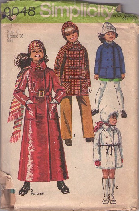 Simplicity 9048 Vintage 70's Sewing Pattern Girl's Coats, Double Breasted, Mod, Raglan Sleeve Coat, Raincoat, Short, Faux Fur Jacket, Spy Girl Maxi with Hat Size 12