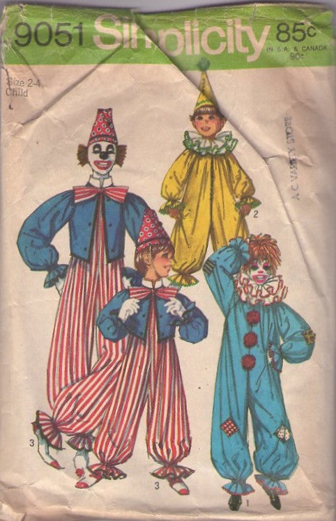 Simplicity 9051 Vintage 70's Sewing Pattern Clown Costumes, Sid Haig Killer Klowns from Outer Space Clown Ringmaster Jumpsuit, Jacket, Coat, Neck Ruff & Hat Size CHILD 2-4