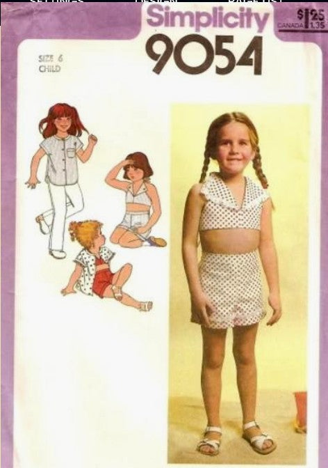 Simplicity 9054 Vintage 70's Sewing Pattern Girl's Summer Separates, Wing Collar Cropped Summer Halter Top, Shirt Jacket Blouse, Shorts, Pants Size 6