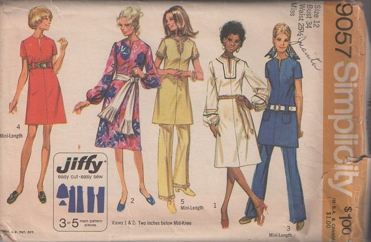 Simplicity 9057 Vintage 70's Sewing Pattern Mod Pantsuits, Easy Jiffy, Slit Neck Dashiki Look Balloon Sleeve Dress, Tunic Top, Dress & Pants Size 12