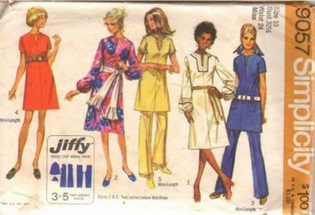 Simplicity 9057 Vintage 70's Sewing Pattern Mod Pantsuits, Easy Jiffy, Slit Neck Dashiki Look Balloon Sleeve Dress, Tunic Top, Dress & Pants Size 10