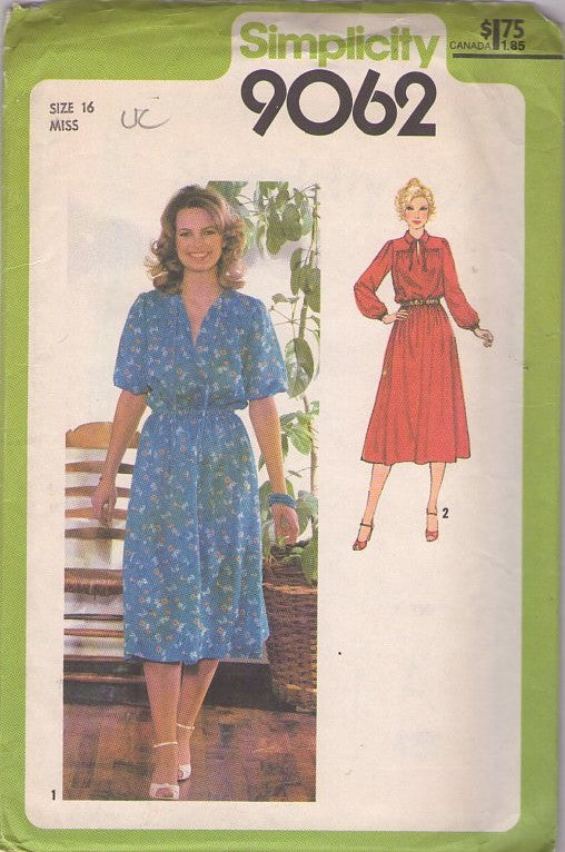 Simplicity 9062 Vintage 70's Sewing Pattern Secretary Dresses, Pullover Day Dress, 2 Styles, Modest Flared Skirt Size 16