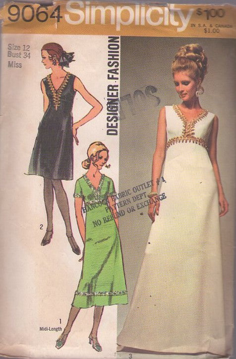 Simplicity 9064 Vintage 70's Sewing Pattern Designer Fashion Gowns, Grecian Goddess High Waisted Cocktail Party Dress, Wedding Gown, 3 Styles, Braid Trim Size 12 CUT