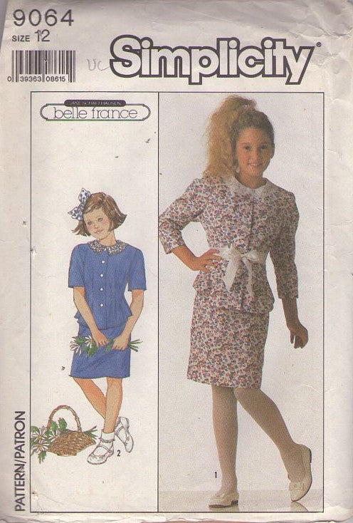 Simplicity 9064 Vintage 80's Sewing Pattern Girls' Junior Secretary Dress, Belle France Jacket Top Blouse, Skirt Size 12