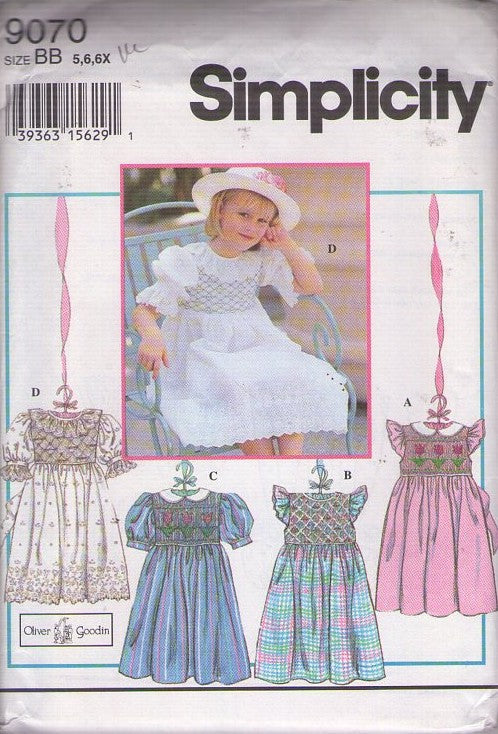 Simplicity 9070 Retro 90's Sewing Pattern Girl's Smocked Dress, Designer Oliver Goodin, Old Fashioned, Modest Fancy Dress Set, Smocking Trim 4 Styles Size 5-6