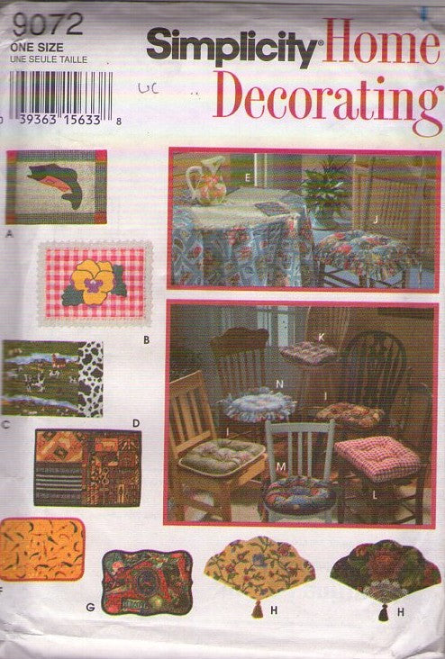 Simplicity 9072 Vintage 90's Sewing Pattern Kitchen Decor, Home Decorating, Placemats, Chair Pads, Cushions, Pillows, Tablecloth