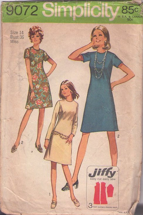 Simplicity 9072 Vintage 70's Sewing Pattern Mod Dress Set, Easy Jiffy Dart Fit  & Flared A-Line Secretary Dress 2 Styles Size 14