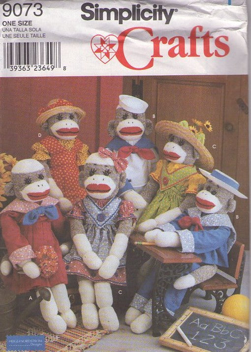 Simplicity 9073 Retro 90's Sewing Pattern Sock Monkey Set, Monkey Business, Heigl & Nordstrom Stuffed Toy Sock Monkey Doll with Victorian Clothes, Sailor, Cottagecore Dress, Hat Bands UNCUT