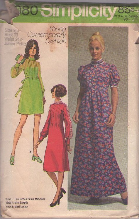 Simplicity 9080 Vintage 70's Sewing Pattern Mod Dress Set, Young Contemporary Fashion Granny Prairie Cottagecore Maxi Gown, Front Pleats Sheer Sleeve Cocktail Party Dress, 3 Styles Size 9JP