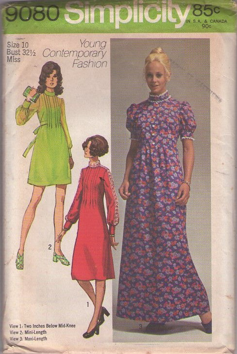 Simplicity 9080 Vintage 70's Sewing Pattern Mod Dress Set, Young Contemporary Fashion Granny Prairie Cottagecore Maxi Gown, Front Pleats Sheer Sleeve Cocktail Party Dress, 3 Styles Size 10