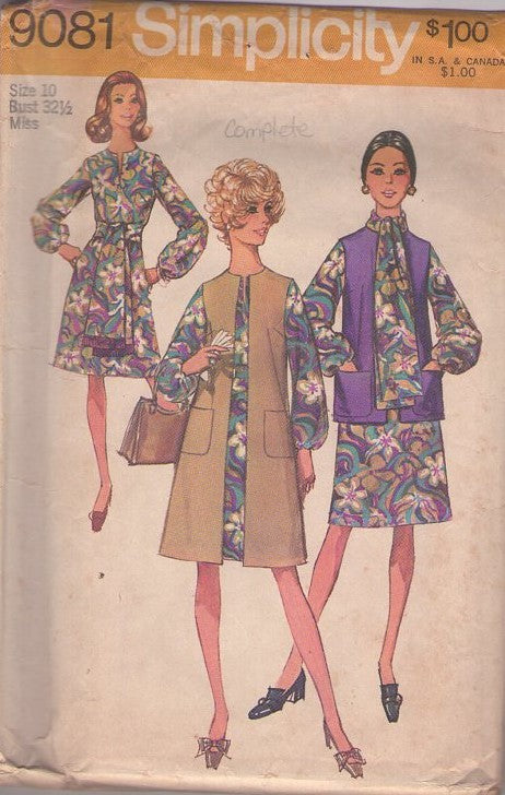 Simplicity 9081 Vintage 70's Sewing Pattern Secretary Dress, Vest, Slit Neck Balloon Sleeve Dress, Vest, Open Front Jacket, Fringe Scarf Size 10