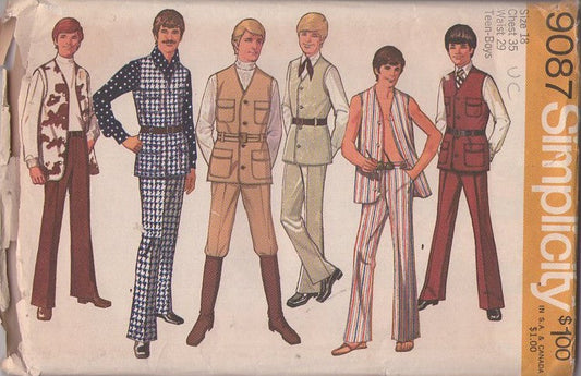 Simplicity 9087 Vintage 70's Sewing Pattern Mens' Separates, Austin Powers Mod Pantsuit, Safari Pockets or Plain Vest Jacket, Fly Front Pants, Trousers Size 14 Chest 32