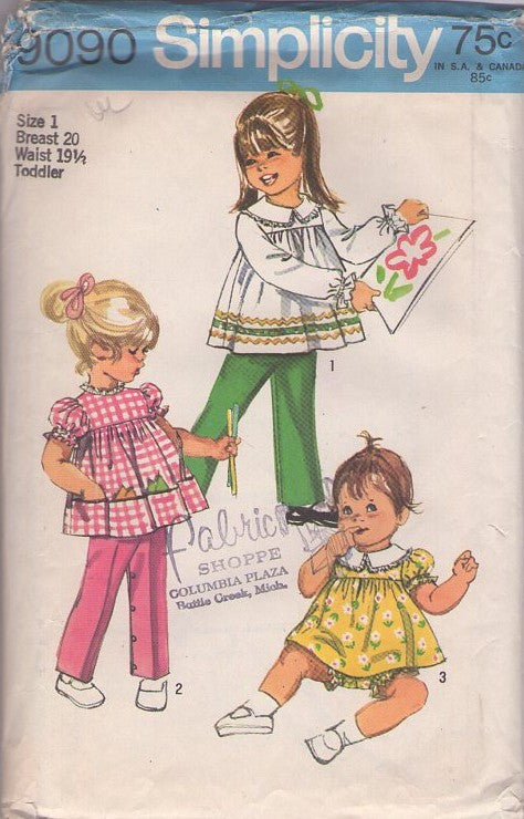 Simplicity 9090 Vintage 70's Sewing Pattern Girl's School Separates, Puff or Long Sleeve Multi Pocket Smock Top, Dress, Button Crotch Pants, Bloomer Panties Size 1