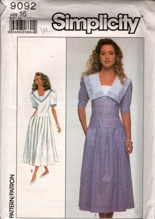 Simplicity 9092 Vintage 80's Sewing Pattern Sailor Collar Dress, Modest Cottagecore, Garden Party Styles Size 16