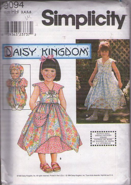 Simplicity 9094 Retro 90's Sewing Pattern Girl's Dress, Doll Clothes, Daisy Kingdom, Cottagecore Dress, Handkerchief Hem Overskirt, Matching 13 Doll Romper & Cap Size 3-6"