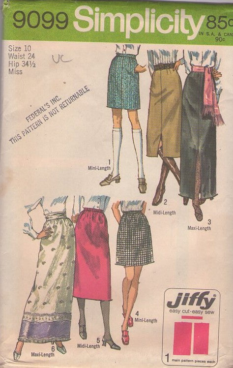 Simplicity 9099 Vintage 70's Sewing Pattern Mod Skirts, Mini, Midi, Slit, Border Print, Festival Maxi, 6 Styles Size 10