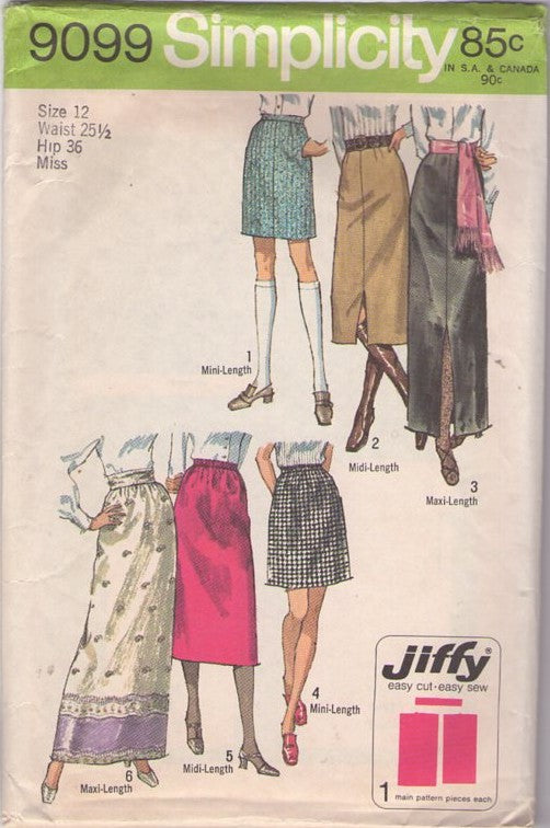 Simplicity 9099 Vintage 70's Sewing Pattern Mod Skirts, Mini, Midi, Slit, Border Print, Festival Maxi, 6 Styles Size 12 CUT