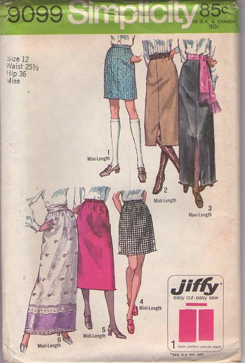 Simplicity 9099 Vintage 70's Sewing Pattern Mod Skirts, Mini, Midi, Slit, Border Print, Festival Maxi, 6 Styles Size 12 UNCUT