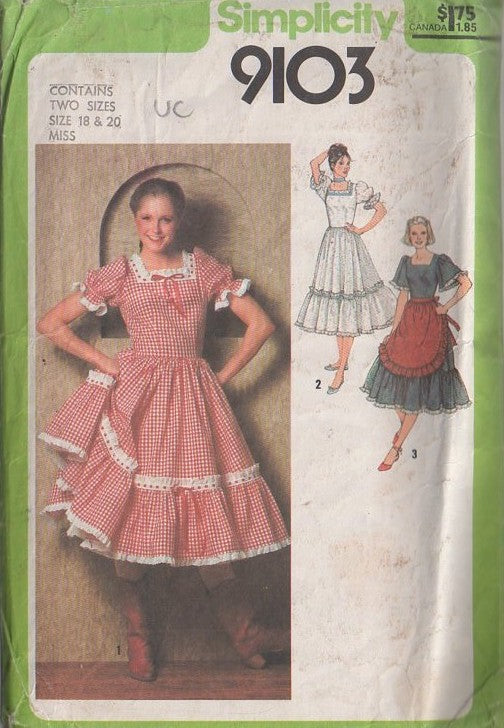 Simplicity 9103 Vintage 70's Sewing Pattern Square Dance Dress, Apron, Retro Farmcore, Rockabilly Look Flared Circle Skirt Square Dance Dress, Boho Wedding Gown, Apron Size 10