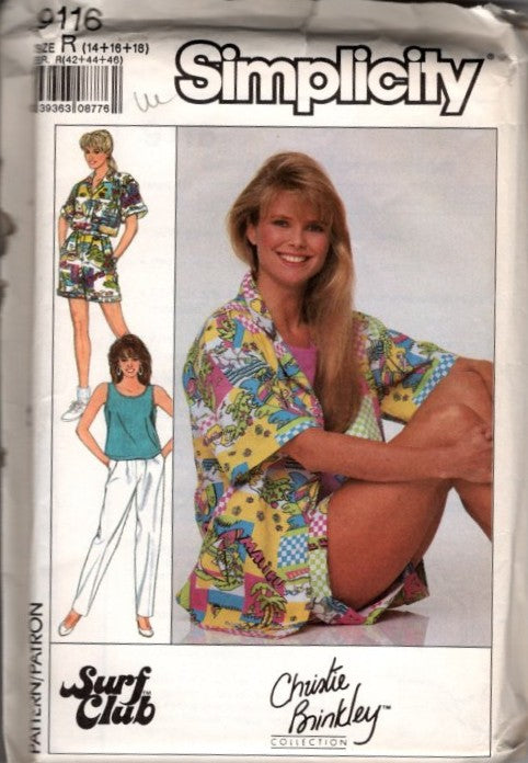 Simplicity 9116 Vintage 80's Sewing Pattern Surf Club Separates, Christie Brinkley Blouse, Tank, Shorts, Pants Size 14-18