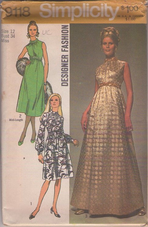 Simplicity 9118 Vintage 70's Sewing Pattern Glamour Gown, Red Carpet Designer Fashion Formal Gown, Evening or Secretary Dress 3 Styles Size 12