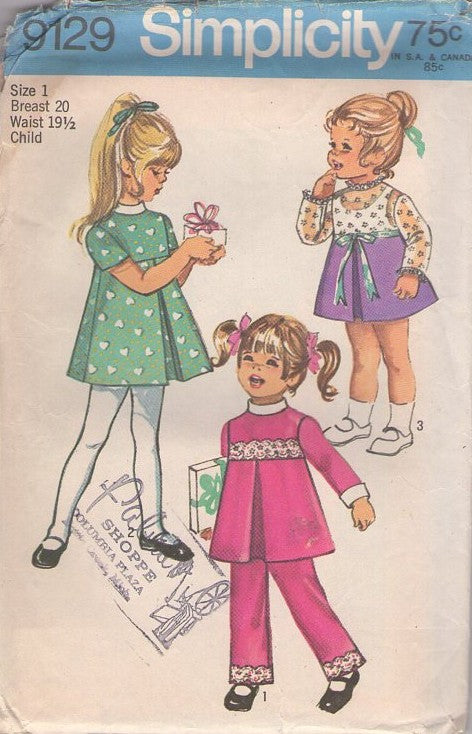 Simplicity 9129 Vintage 70's Sewing Pattern Girl's Dress, Pants, High Empire Waist, Front Pleated Tunic Top Blouse or Party Dress, Lace Insertion or Eyelet, Pants Size 1