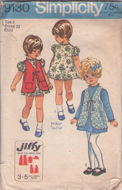 Simplicity 9130 Vintage 70's Sewing Pattern Girl's Dress, Vests, Puff Sleeve Brady Bunch Dress, Lacy Vest Jacket Size 4