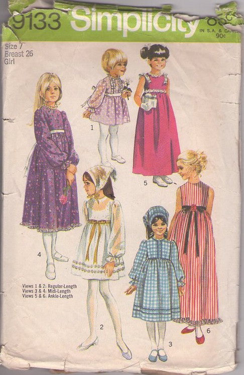 Simplicity 9133 Vintage 70's Sewing Pattern Girl's Dress Set, Cottagecore, Modest, Prairie Dress, Short, Midi, Long, 5 PRETTY Styles Size 7