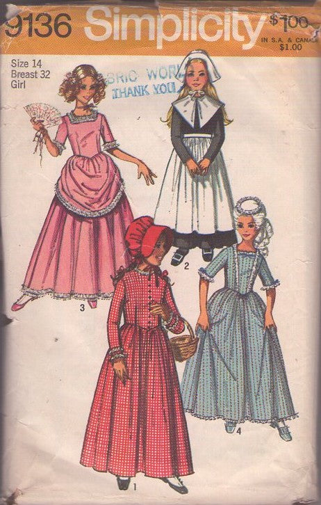 Simplicity 9136 Vintage 70's Sewing Pattern Historical Costumes, Puritan, Centennial, 18th & 19th Century Dress & Gown Set, Bonnets, Apron Size 14