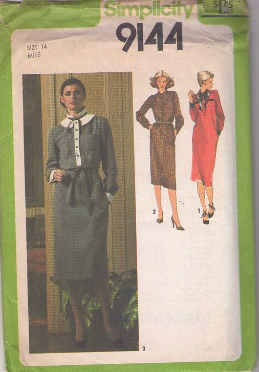 Simplicity 9144 Vintage 70's Sewing Pattern Office Dresses, Modest Straight Fit Button Band Step In Secretary Dress, 3 Styles, Detachable Stand Up Collar & French Cuffs Size 14