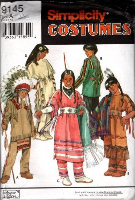 Simplicity 9145 Vintage 90's Sewing Pattern Historical Native American Costumes, Ethic Tribal, Dress, Pants, Shawl, Leggings, Accessories Size 3-8
