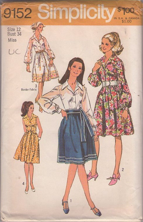 Simplicity 9152 Vintage 70's Sewing Pattern Contrast Top Dresses, Retro 50s Look, Border Print Shirtwaist Housewife Day Dress & Sash Belt Size 10