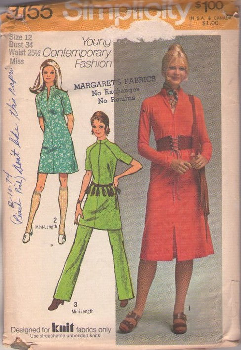 Simplicity 9155 Vintage 70's Sewing Pattern Mod Pantsuit Separates, Young Contemporary Fashion, Front Zip Tunic Top & Pants, Pantsuit, Mini or Midi Dress Size 12