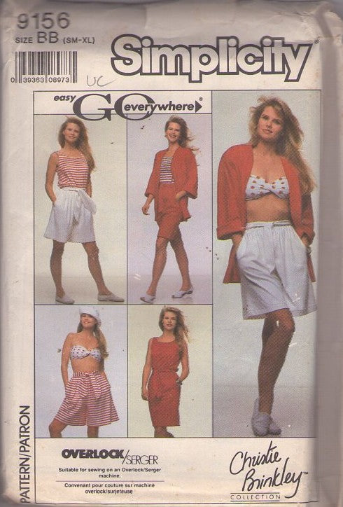 Simplicity 9156 Vintage 80's Sewing Pattern Summer Separates, Christie Brinkley Summer Wardrobe, Loose Oversized Flared Shorts, Boyfriend Suit Jacket, Skirt, Tank Top, Bandeau Bra Top Size S-XL
