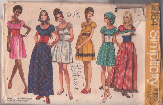 Simplicity 9164 Vintage 70's Sewing Pattern Dirndl Dress, Oktoberfest, Puff Sleeve, Wide Midriff, Short or Maxi 5 Styles Size 12