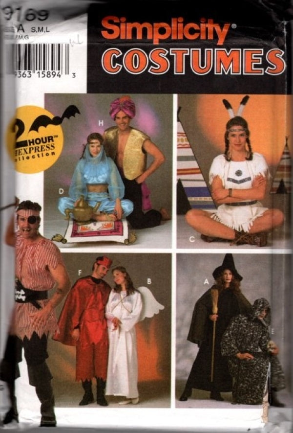 Simplicity 9169 Vintage 90's Sewing Pattern Easy 2 Hour Express Costumes, Couples, Aladdin, Harem Girl, Indian, Pirate, Angel, Devil, Witch, Reaper Size S-L