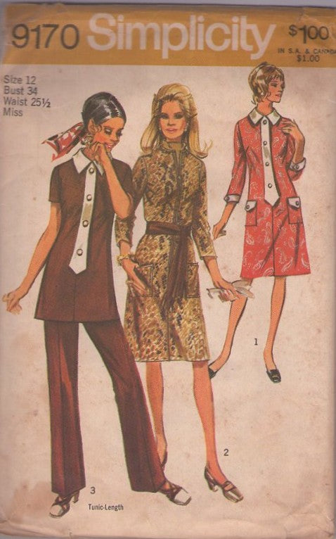 Simplicity 9170 Vintage 70's Sewing Pattern Mod Pantsuit Separates, Front Button Band Shaped Like a Tie Tunic Top, Dress, Pants Size 12