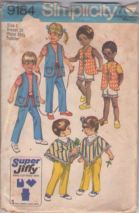 Simplicity 9184 Vintage 70's Sewing Pattern Toddler Boys' & Girls' Poncho, Vest, Shorts, Pants, Super Jiffy Size 1