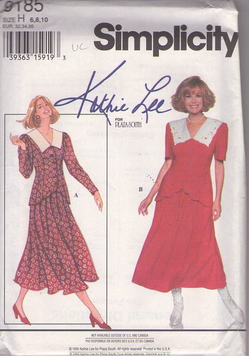 Simplicity 9185 Vintage 90's Sewing Pattern Secretary 2 Pc Dress, Kathie Lee Gifford for Plaza South, Flat Collar Jacket Top Blouse & Flared Skirt Size 6-10