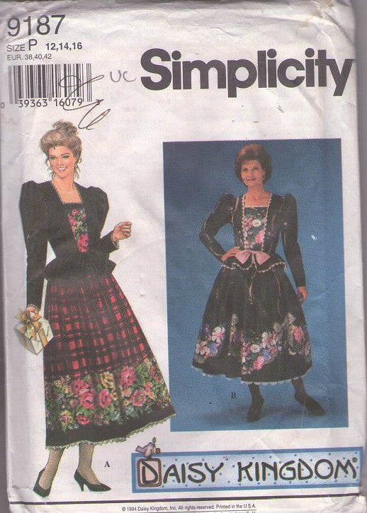 Simplicity 9187 Retro 90's Sewing Pattern Daisy Kingdom Dress Set, Ladies' Fancy Christmas Party Hostess Gown, Cottagecore Dress with Peplum Size 12-16