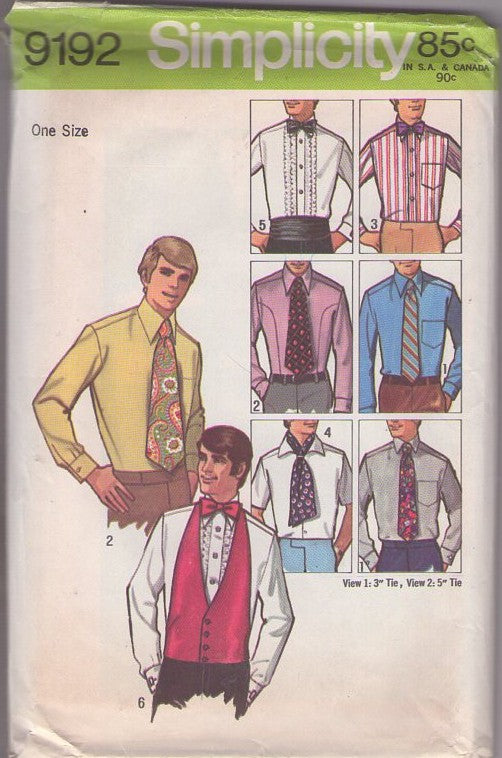 Simplicity 9192 Vintage 70's Sewing Pattern Mens' Disco Ties, Era Wide Necktie, Tie, Vest, Bowtie, Bow Ties Set CUT