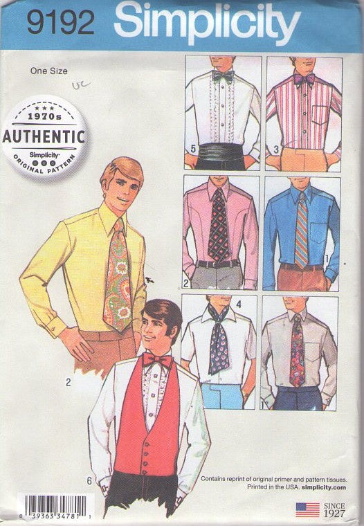 Simplicity 9192 Discontinued 2018 Sewing Pattern Mens' Retro Ties, Repro Hippie Disco Necktie, Wide Tie, Bowtie, Scooby Do Fred Ascot & Waistcoat One Size