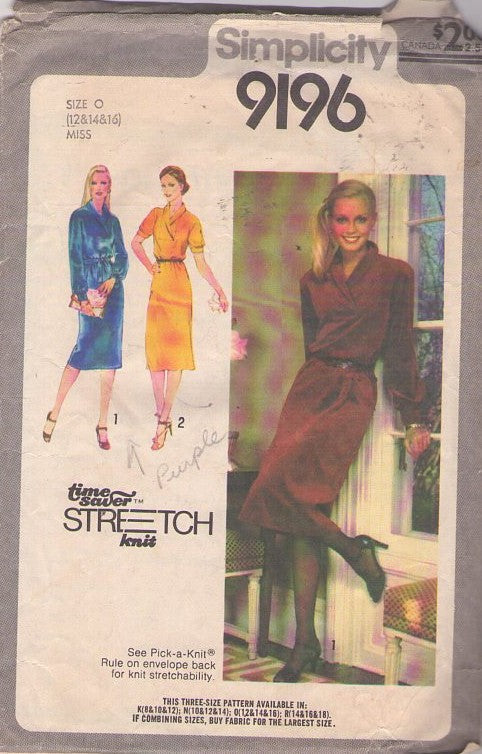 Simplicity 9196 Vintage 70's Sewing Pattern Secretary Dress, Time Saver Stretch Knits Pullover Surplice Shawl Collar Dress Size 12-16 CUT