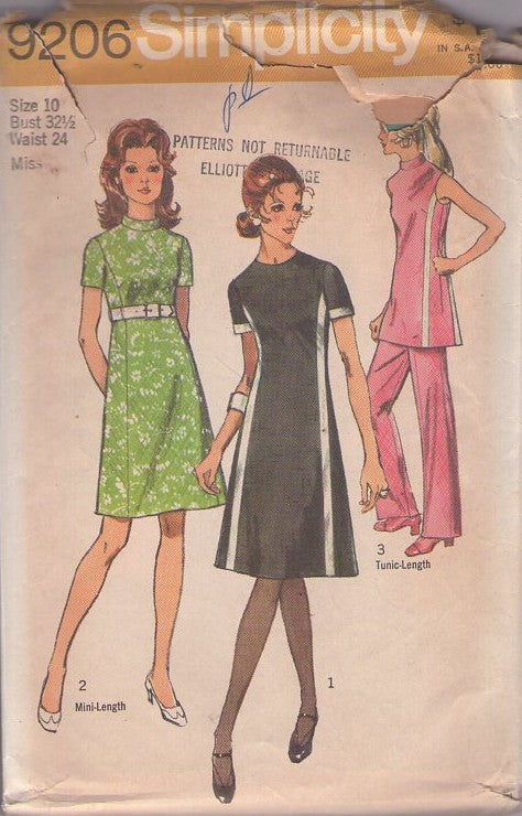 Simplicity 9206 Vintage 70's Sewing Pattern Mod Separates, Space Age, Contrast Color Bands Fit & Flared Day Dress, Hostess Tunic Top & Pants Size 10