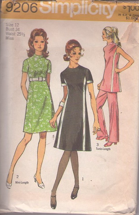 Simplicity 9206 Vintage 70's Sewing Pattern Mod Separates, Space Age, Contrast Color Bands Fit & Flared Day Dress, Hostess Tunic Top & Pants Size 12