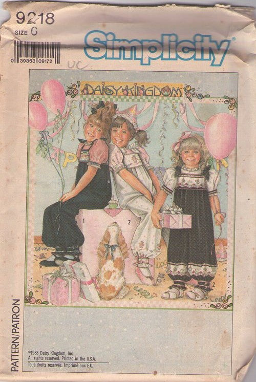 Simplicity 9218 Vintage 80's Sewing Pattern Girl's Overalls, Top, Daisy Kingdom, Farmcore Cottagecore Balloon Leg Full Flared Jumpsuit Overalls, Puff Sleeve Blouse Size 6