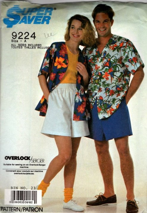 Simplicity 9224 Vintage 80's Sewing Pattern Unisex Surf Shirt, Pull On Shorts, Super Saver Summer Set Size XS-XL