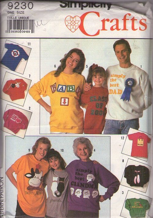 Simplicity 9230 Vintage 80's Sewing Pattern Shirt Crafts, Blue Ink Transfers Simply The Best Dad Mom Grandma, Class Of, Baby, Friends MORE