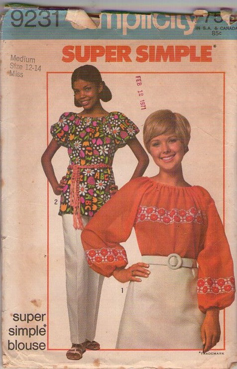 Simplicity 9231 Vintage 70's Sewing Pattern Hippie Tops, Super Simple Peasant Blouse, 2 Styles Size 12-14 M